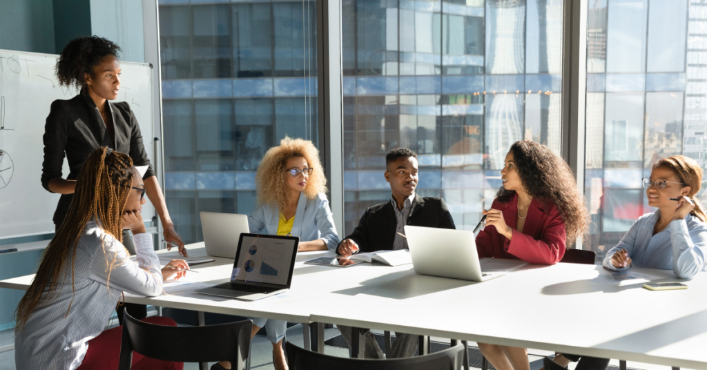 Young African American businesswoman lead meeting